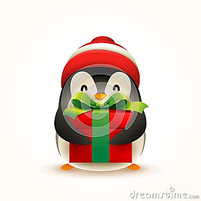 Christmas Cute Little Penguin with Santaâ€™s Cap and Gift Present. Vector Illustration
